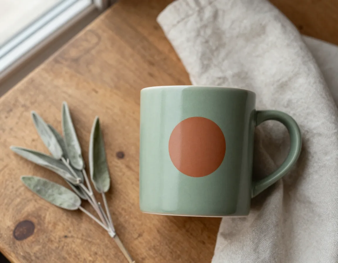 Sage green mug with terracotta accent logo in an earthy palette