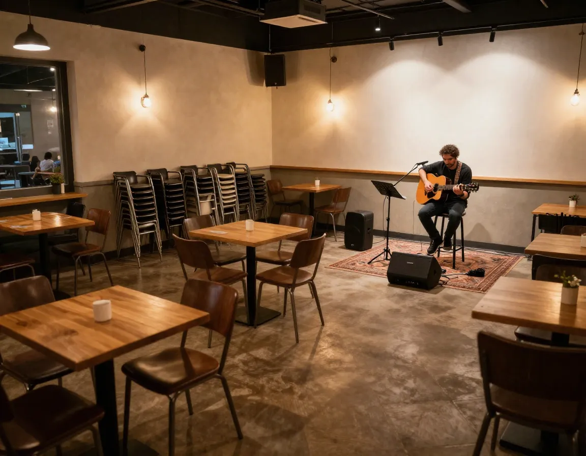 Cafe space with moveable furniture set for an evening live music event