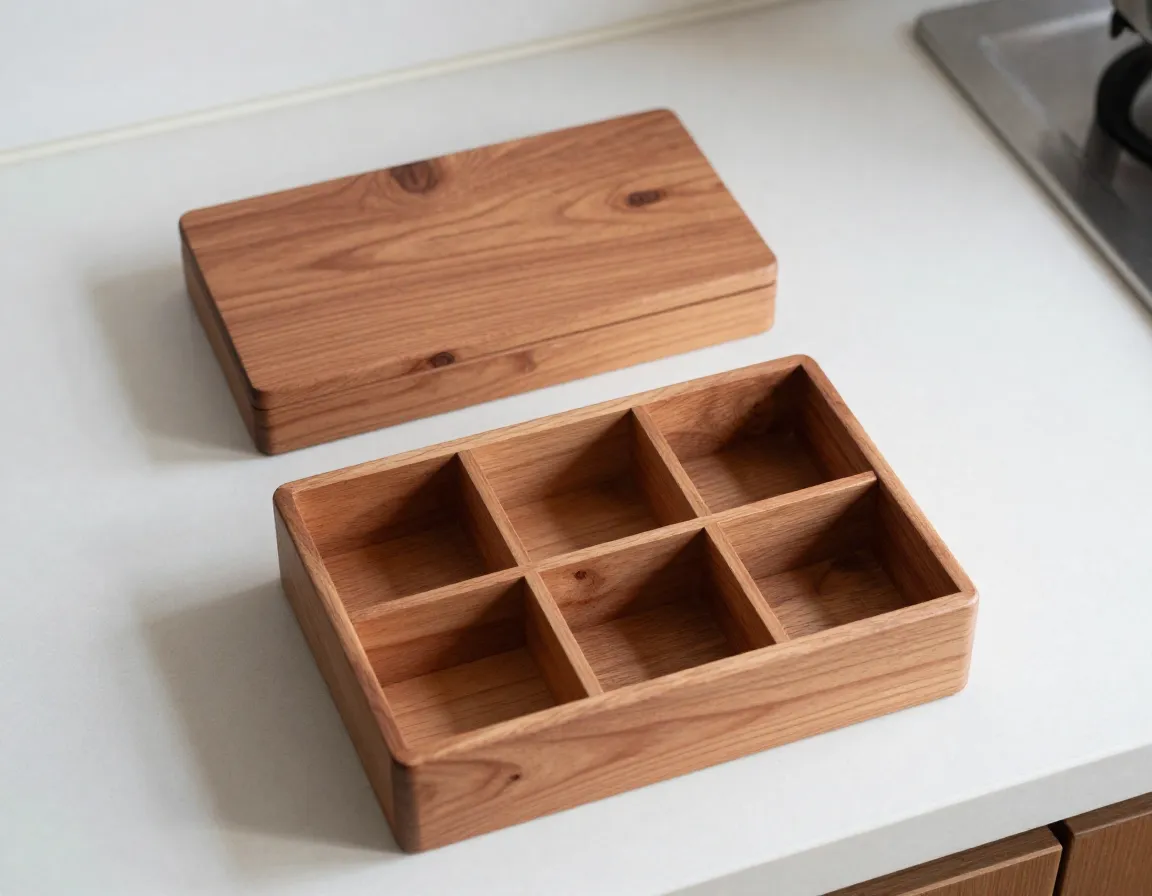 Compact natural cedar tea box with four compartments on small counter