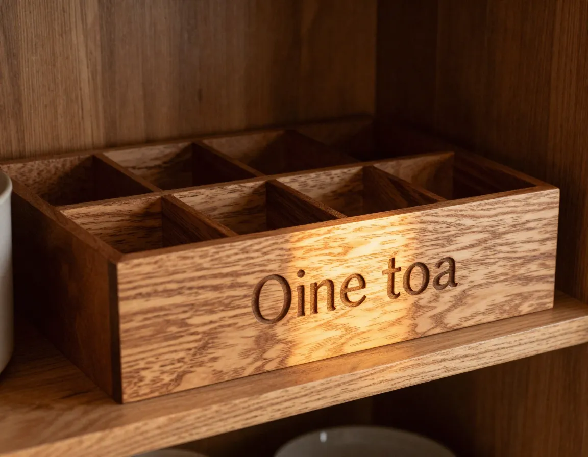 Artisan oak tea organizer with custom engraved name on kitchen shelf