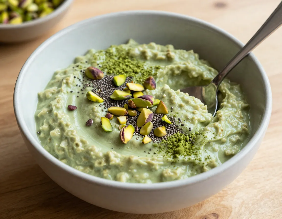 Creamy matcha pistachio oatmeal in ceramic breakfast bowl