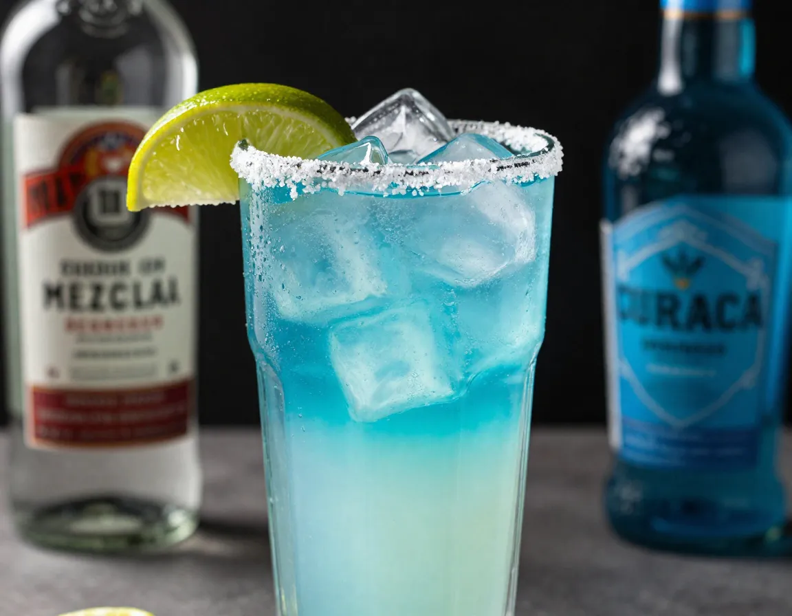Smoky mexican adios amigos cocktail with blue curaçao and salt rim