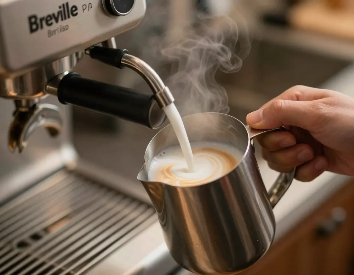 Steam wand texturing milk in stainless steel pitcher for microfoam