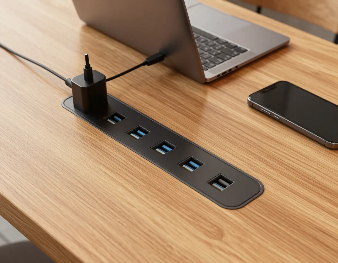 Cafe table with integrated power outlets and usb charging stations