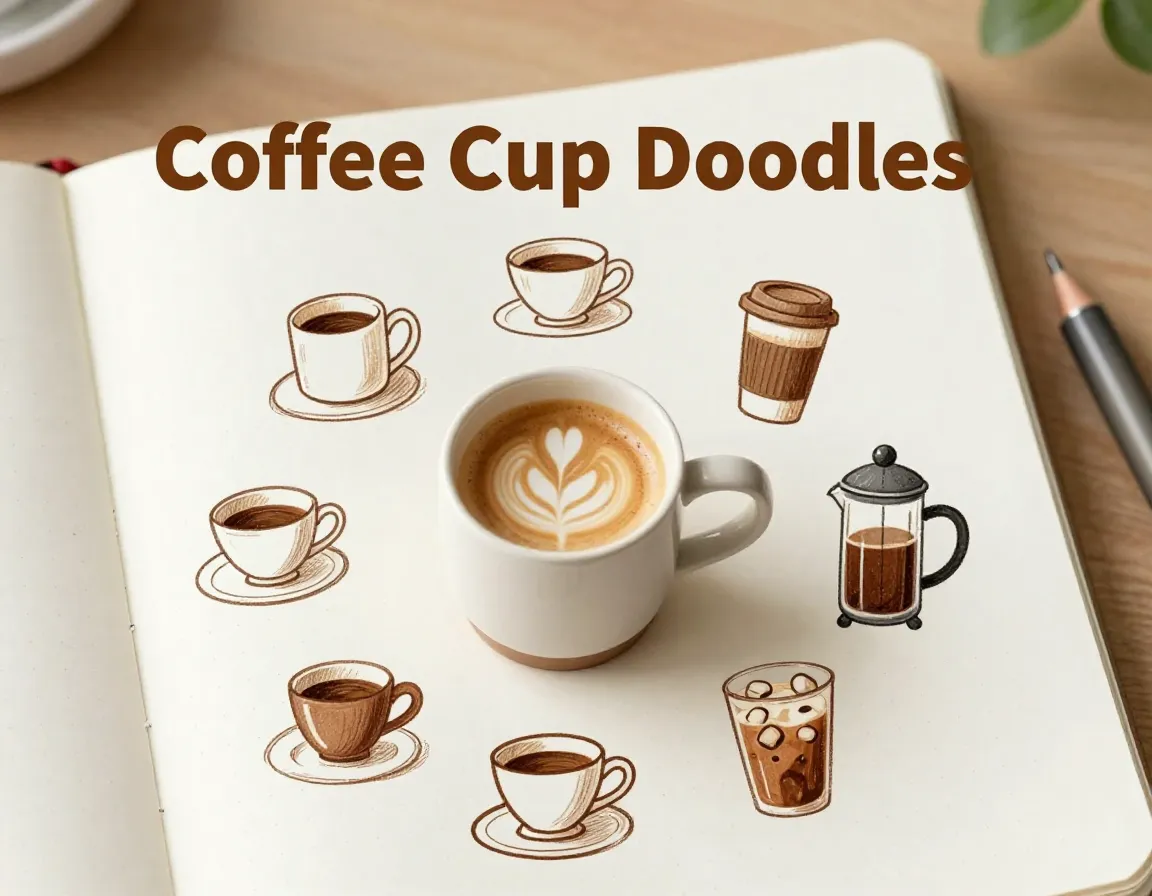 A circle of eight hand drawn coffee cups surrounding a real mug