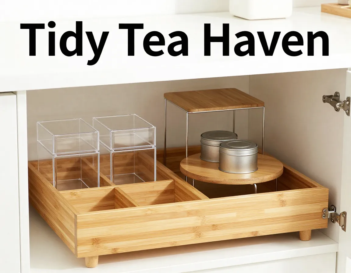 Bamboo acrylic organizers cabinet storage flat lay