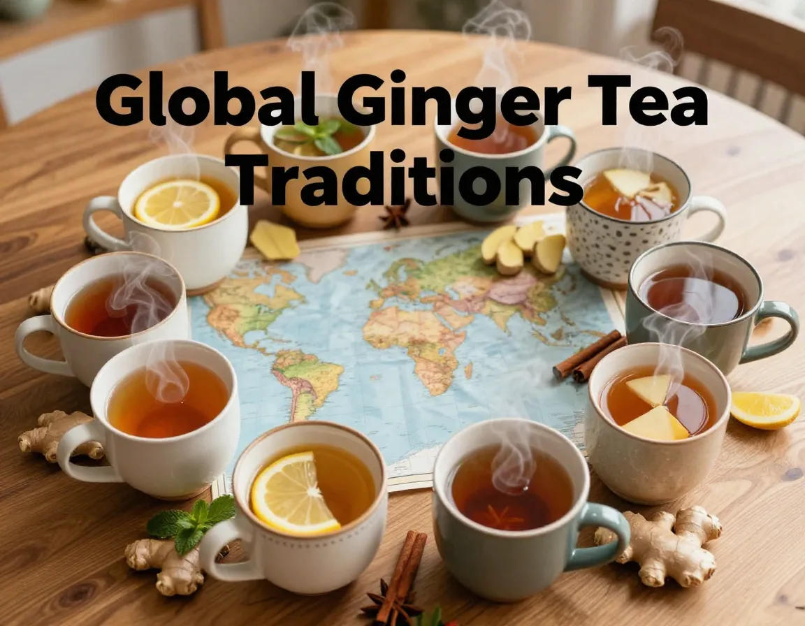 Overhead flat lay eight global ginger tea mugs textured background