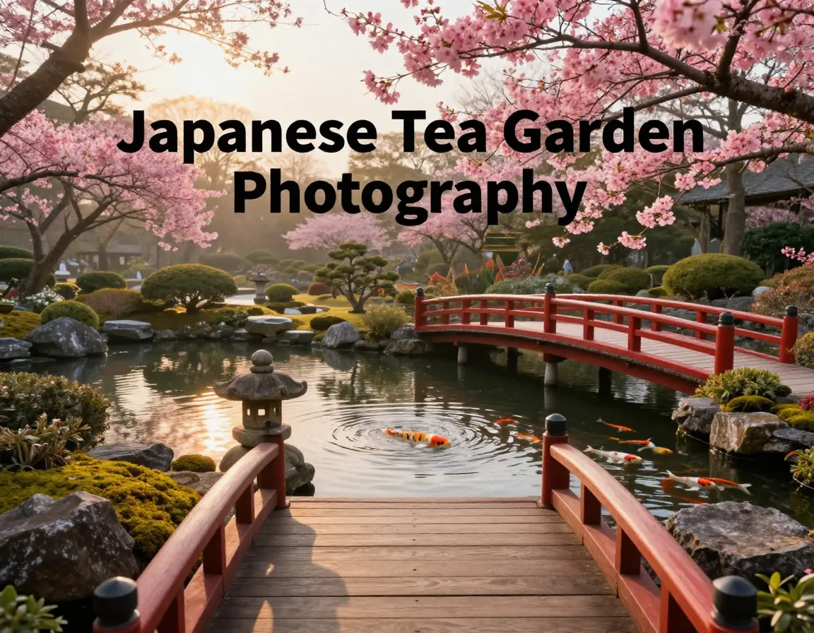 Serene japanese garden koi pond red bridge cherry blossoms dawn