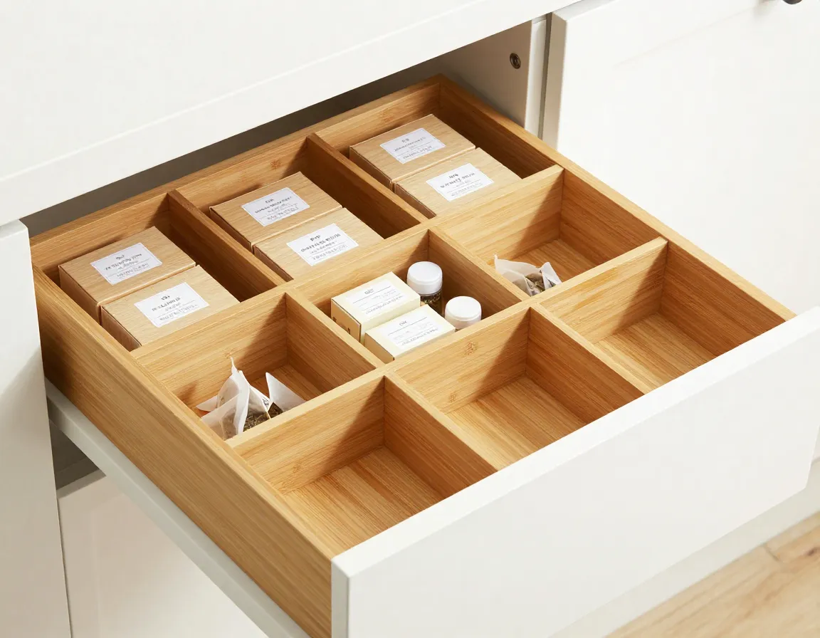 Expandable bamboo drawer dividers creating custom tea compartments