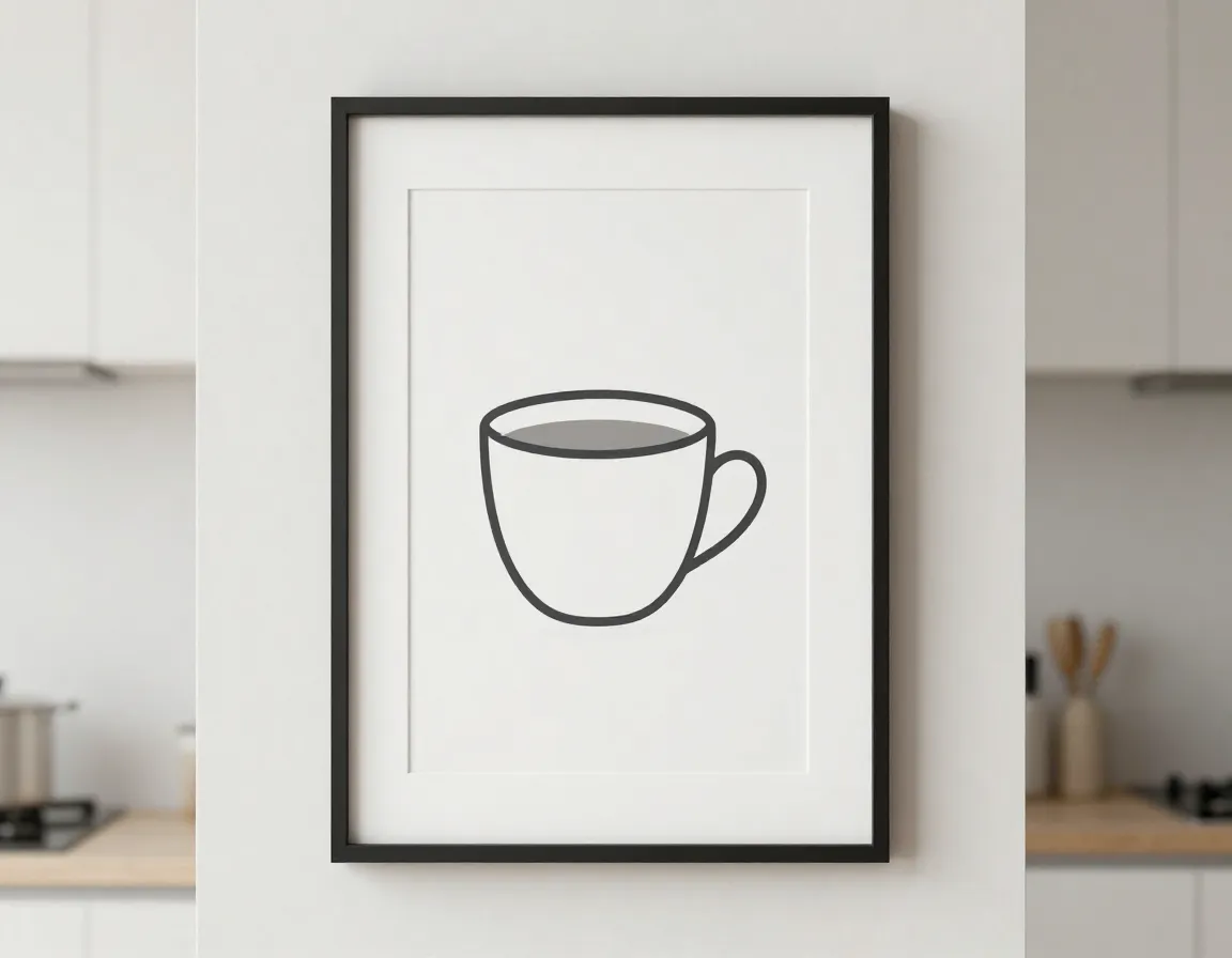 Simple line coffee cup minimalist art print in modern kitchen