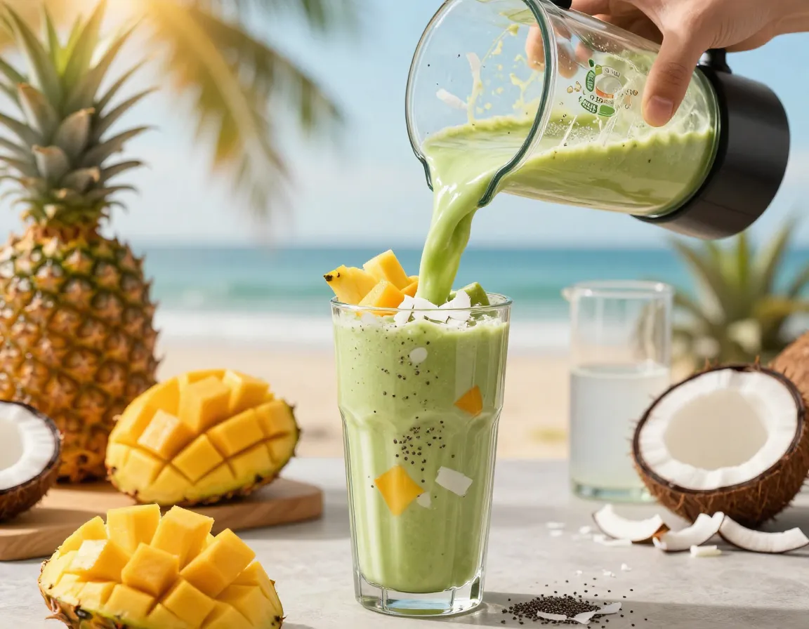 Tropical coconut matcha protein blast in a tumbler with pineapple
