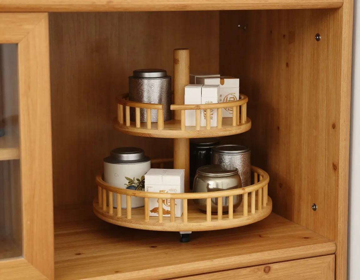 Bamboo lazy susan rotating organizer on a cabinet shelf