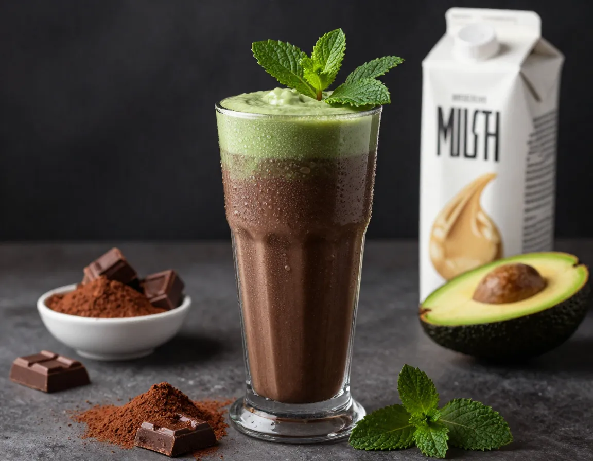 Chocolate mint matcha muscle builder shake in a chilled glass