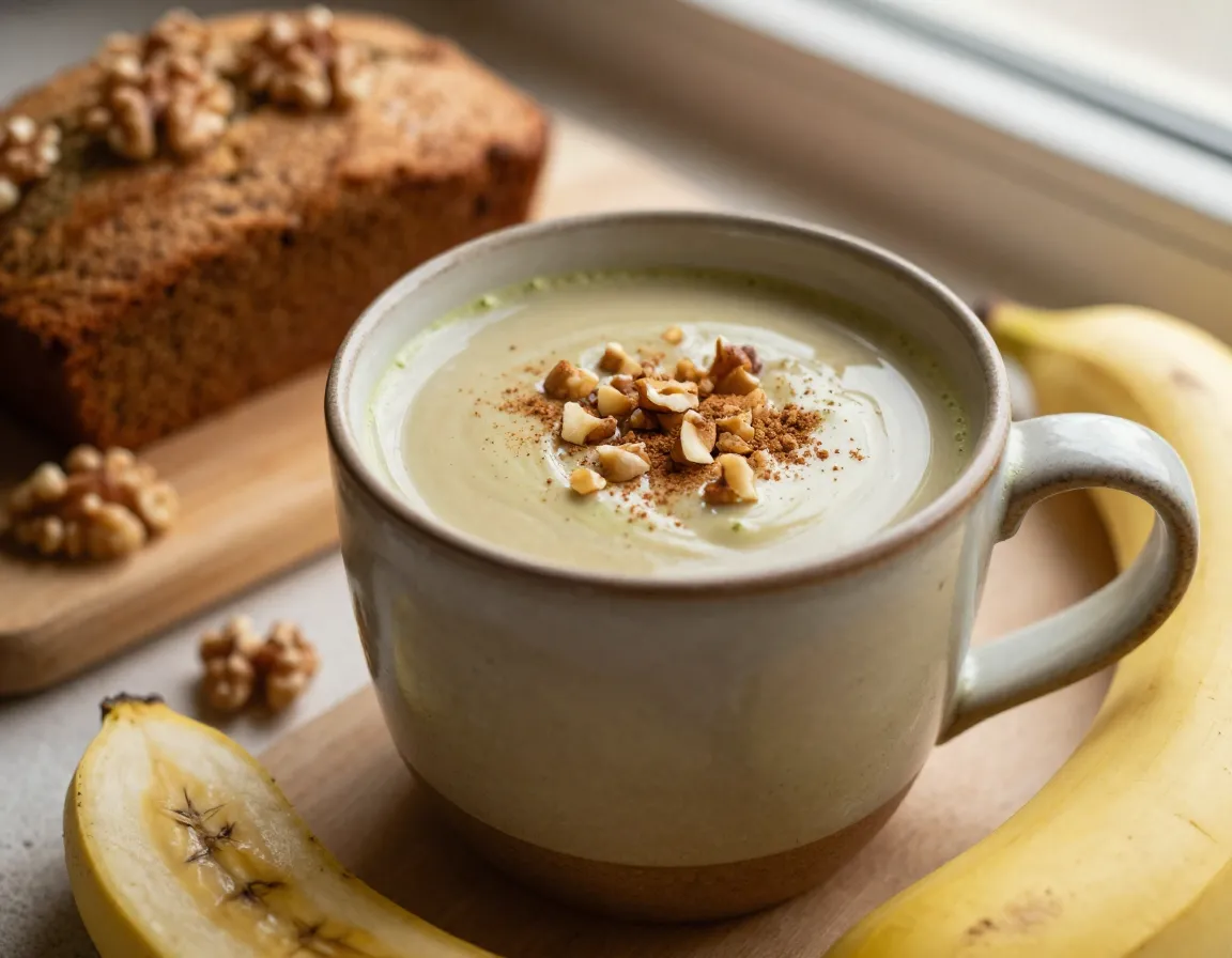 Banana bread matcha comfort with blended oat milk and walnuts