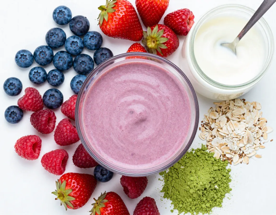 Berry antioxidant matcha power shake with mixed berries