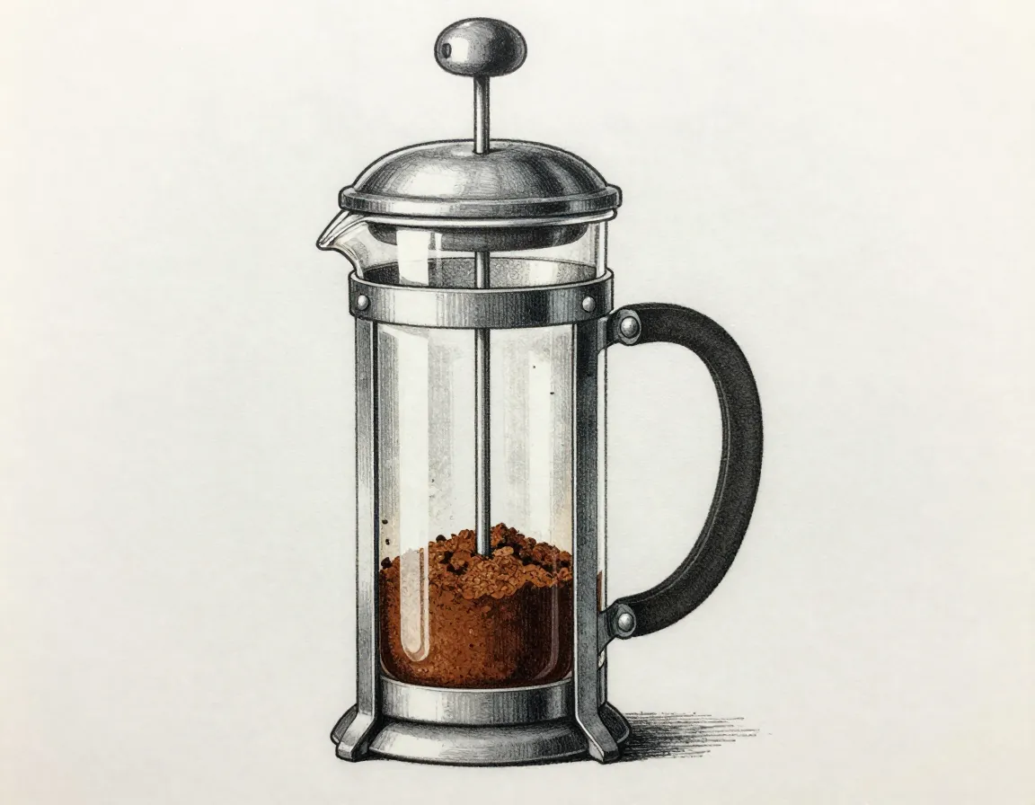 Detailed glass french press with metal frame and plunger handle