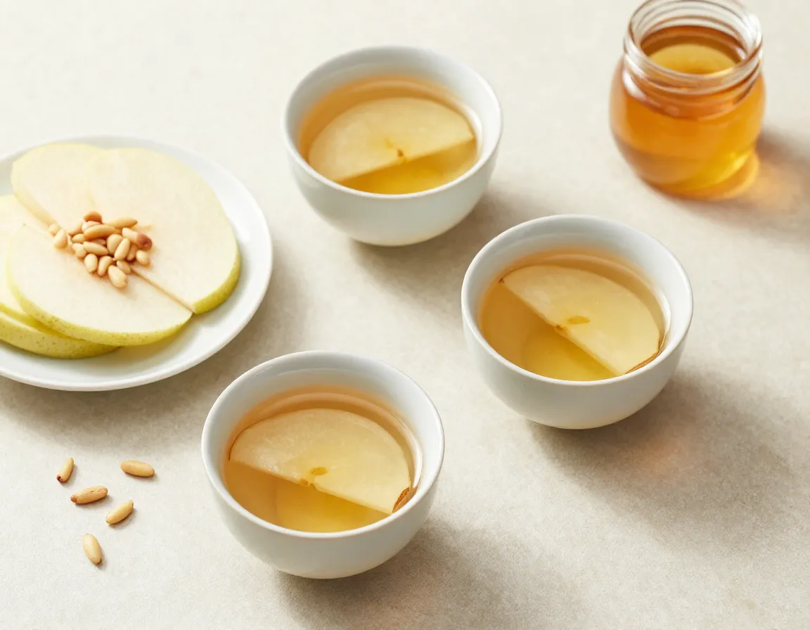 Korean ginger tea with asian pear slices and pine nuts