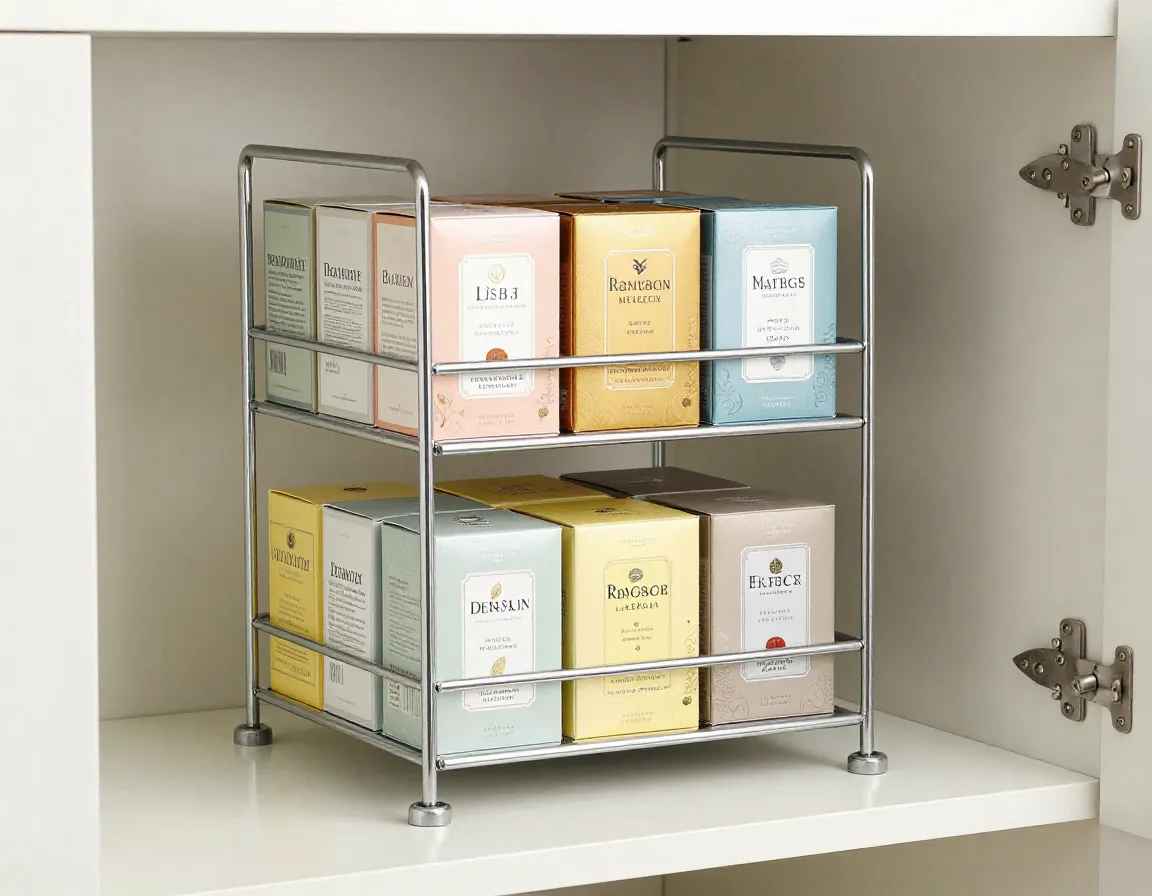 Tiered metal shelf riser organizing tea boxes vertically