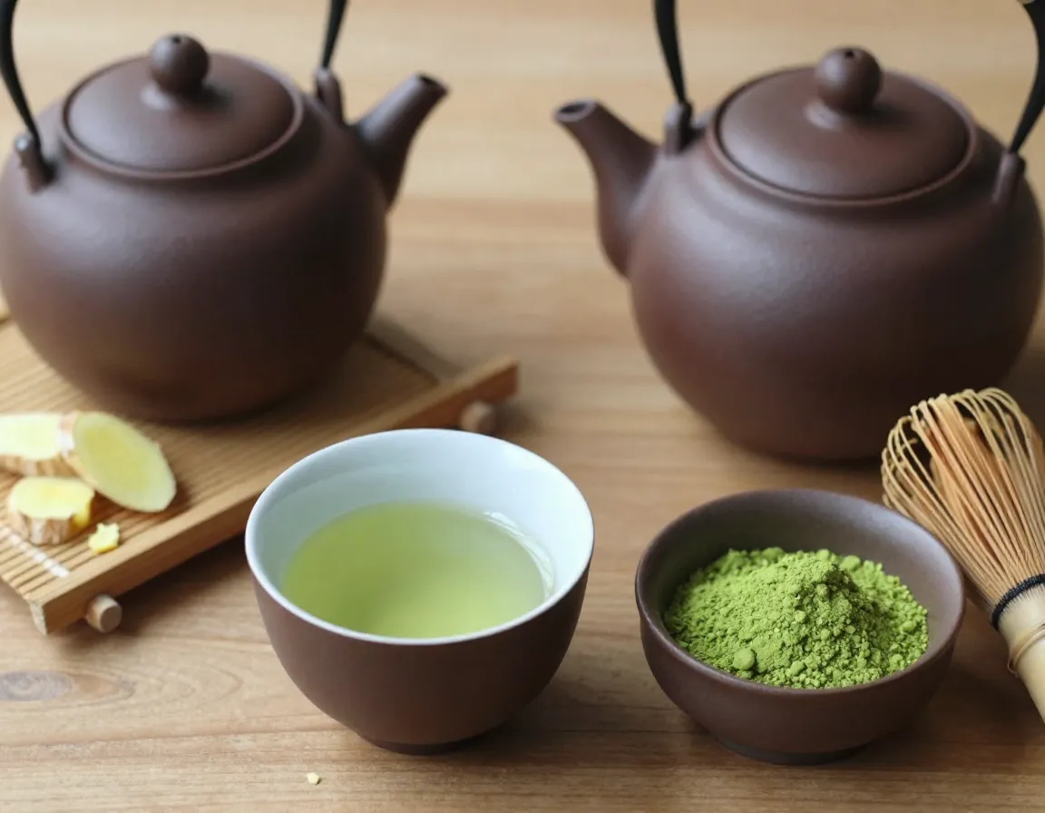Japanese ginger green tea in kyusu pot with matcha