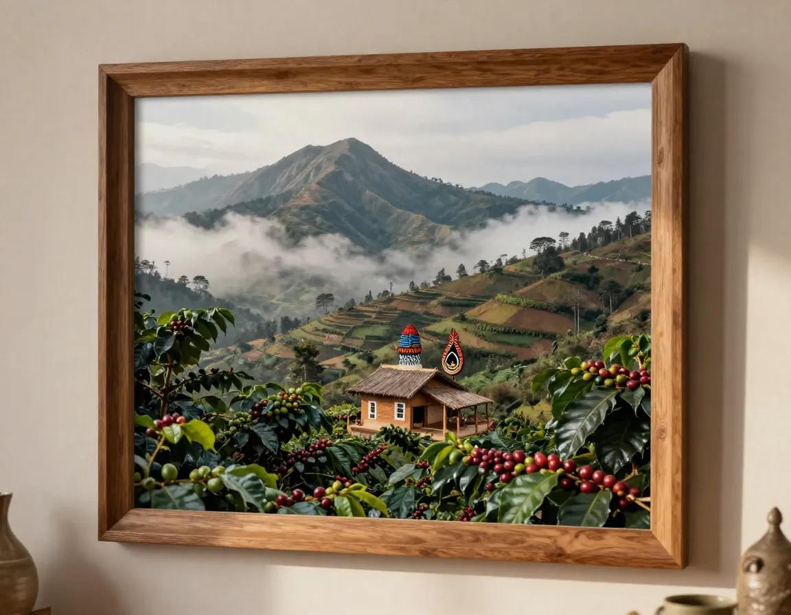 Cultural coffee landscape art print of colombian mountain region