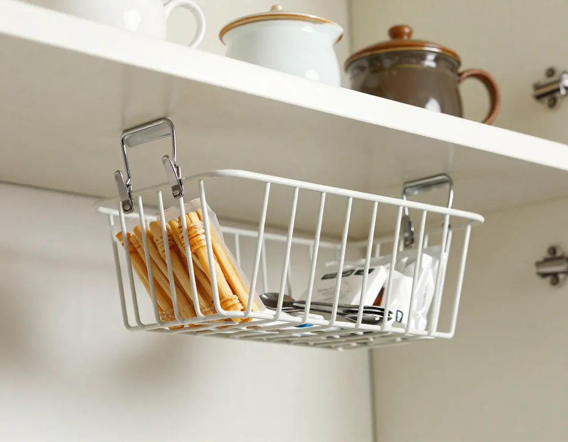 Wire hanging basket clipped under a cabinet shelf for accessories