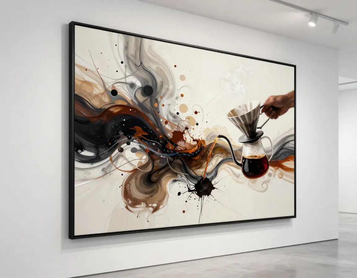 Abstract art print of dynamic coffee brewing pour over process