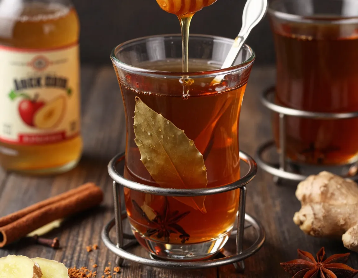 Russian ginger sbiten with honey spices in tea glass