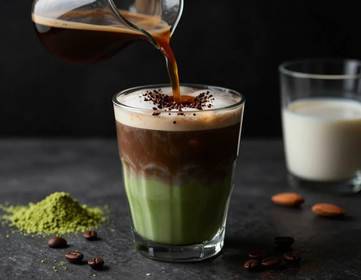 Mocha matcha protein powerhouse with coffee beans in a glass
