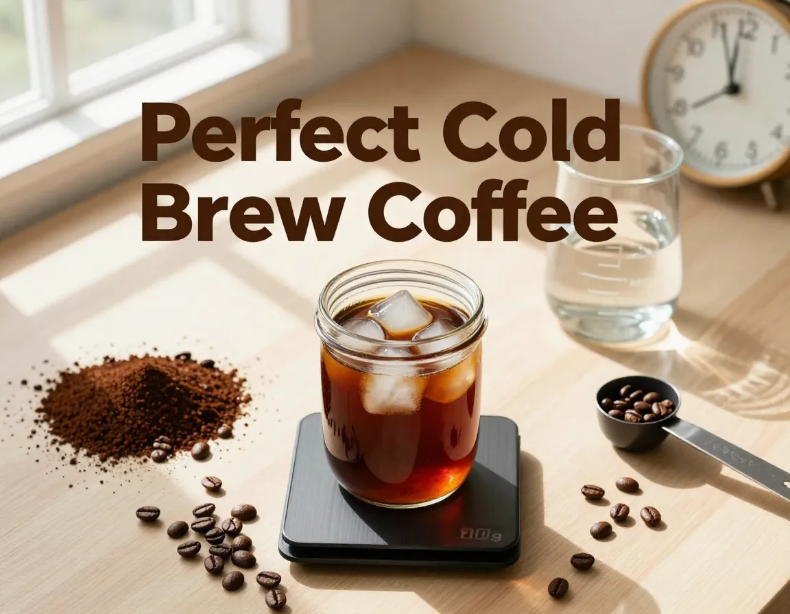Cold brew coffee beans jar scales clock sunlight flat lay