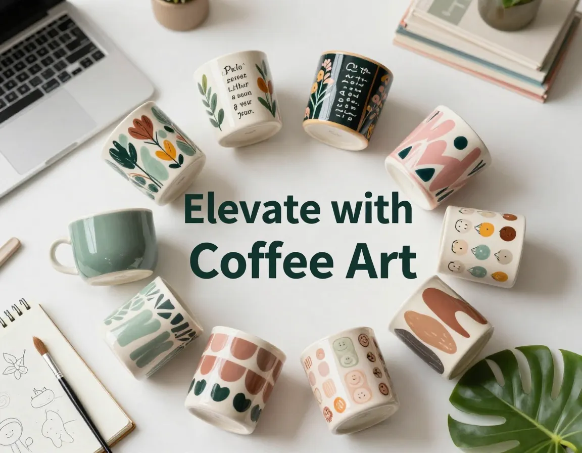 Eight artistic coffee cups flat lay modern desk design