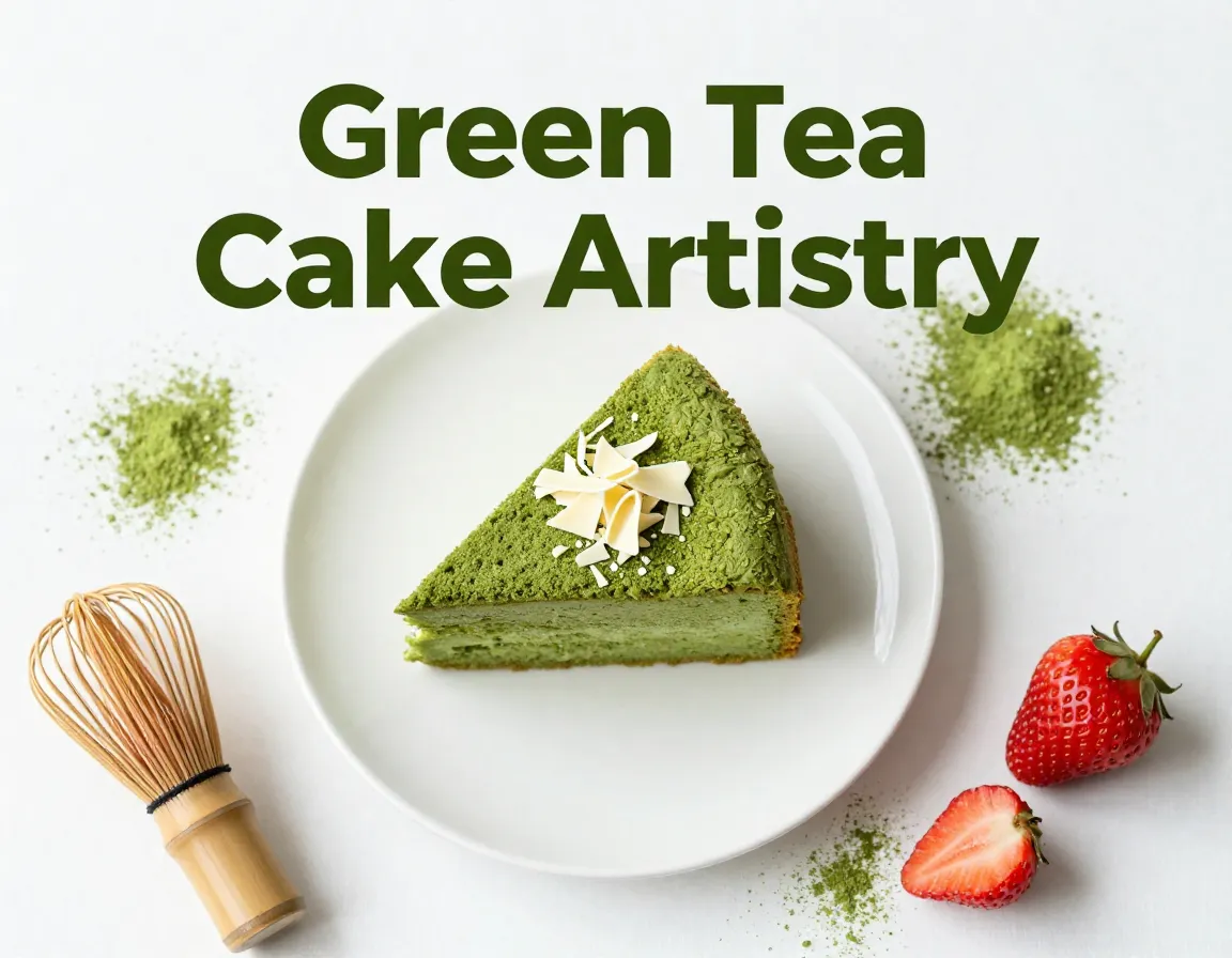 Green tea cake slice matcha powder strawberries whisk