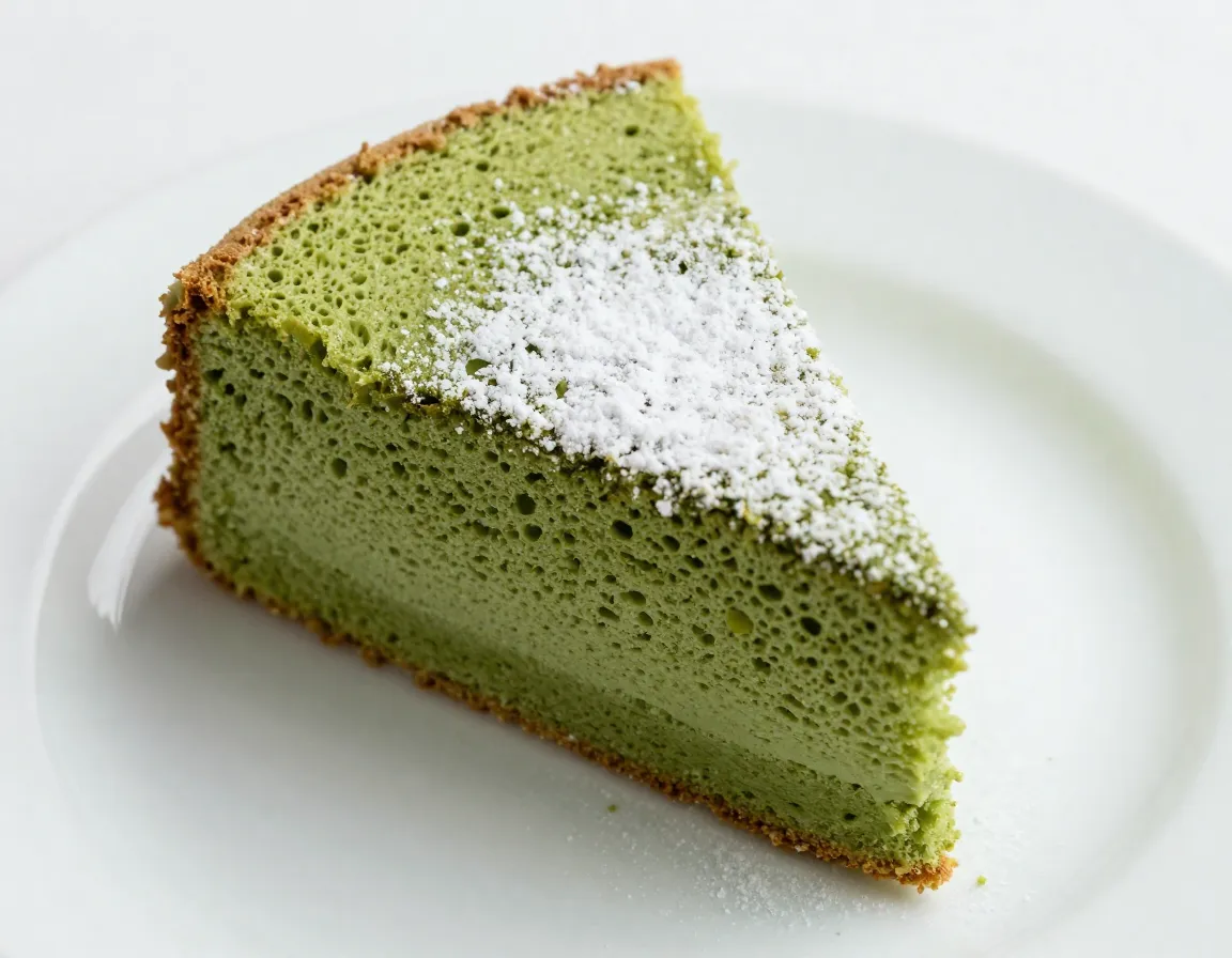 Classic matcha sponge cake light airy slice on a plate