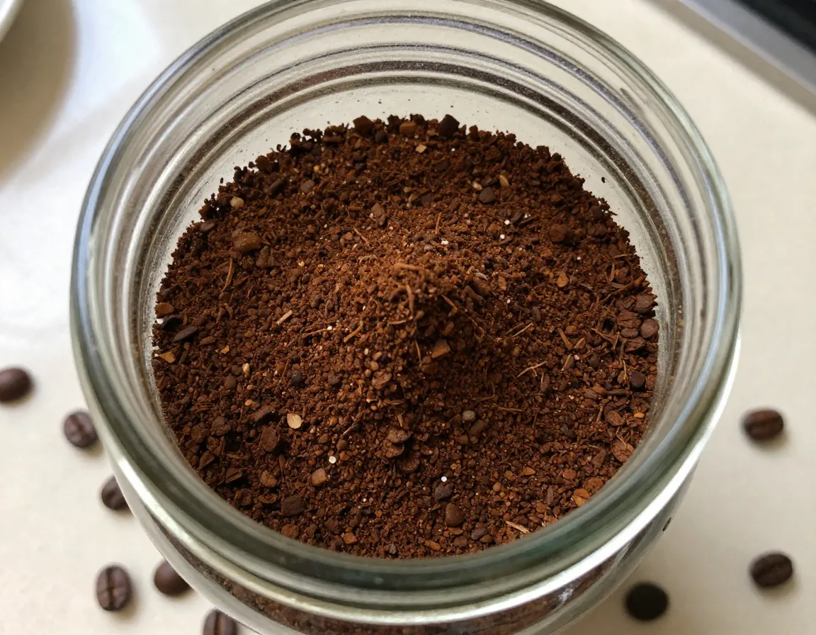 Coarse coffee grounds resembling french press consistency in a jar