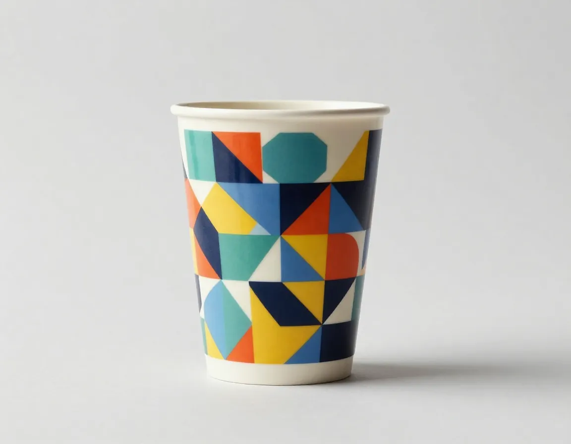 Geometric full wrap coffee cup with bold abstract patterns