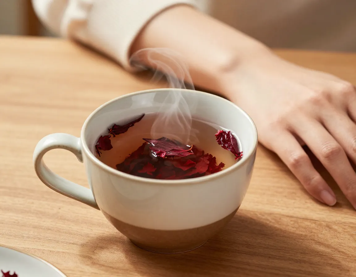 Red raspberry leaf tea steeping in a ceramic mug with a relaxed woman