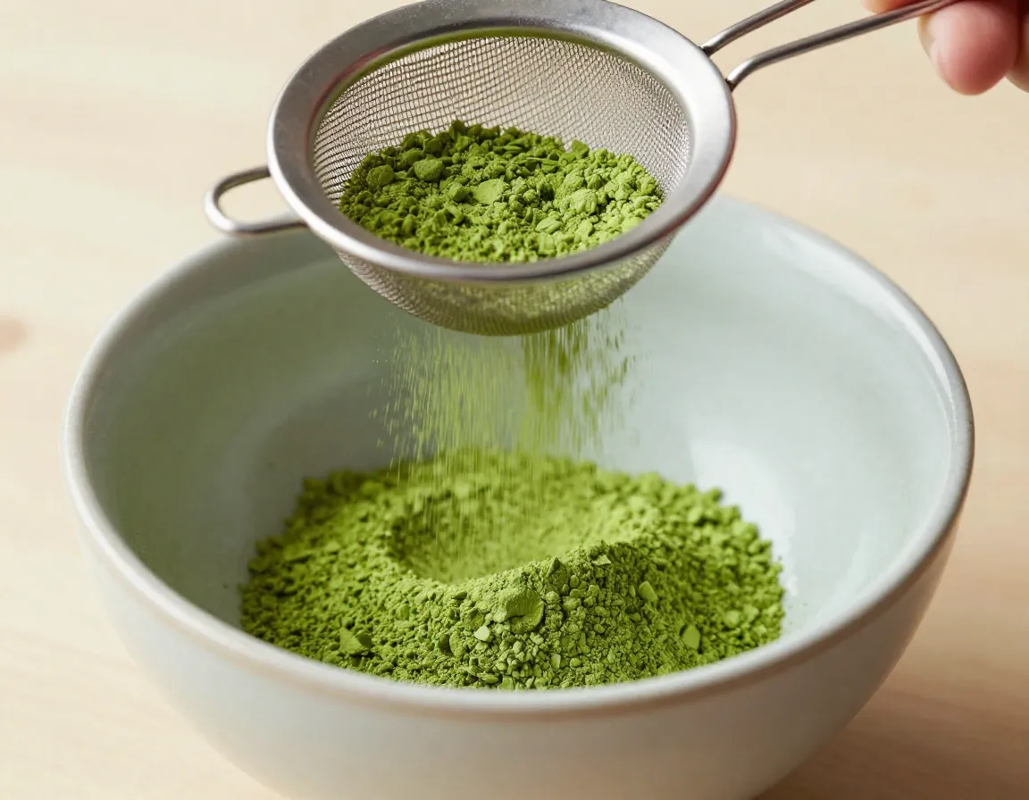 Sifting matcha powder through a fine mesh sifter into a bowl