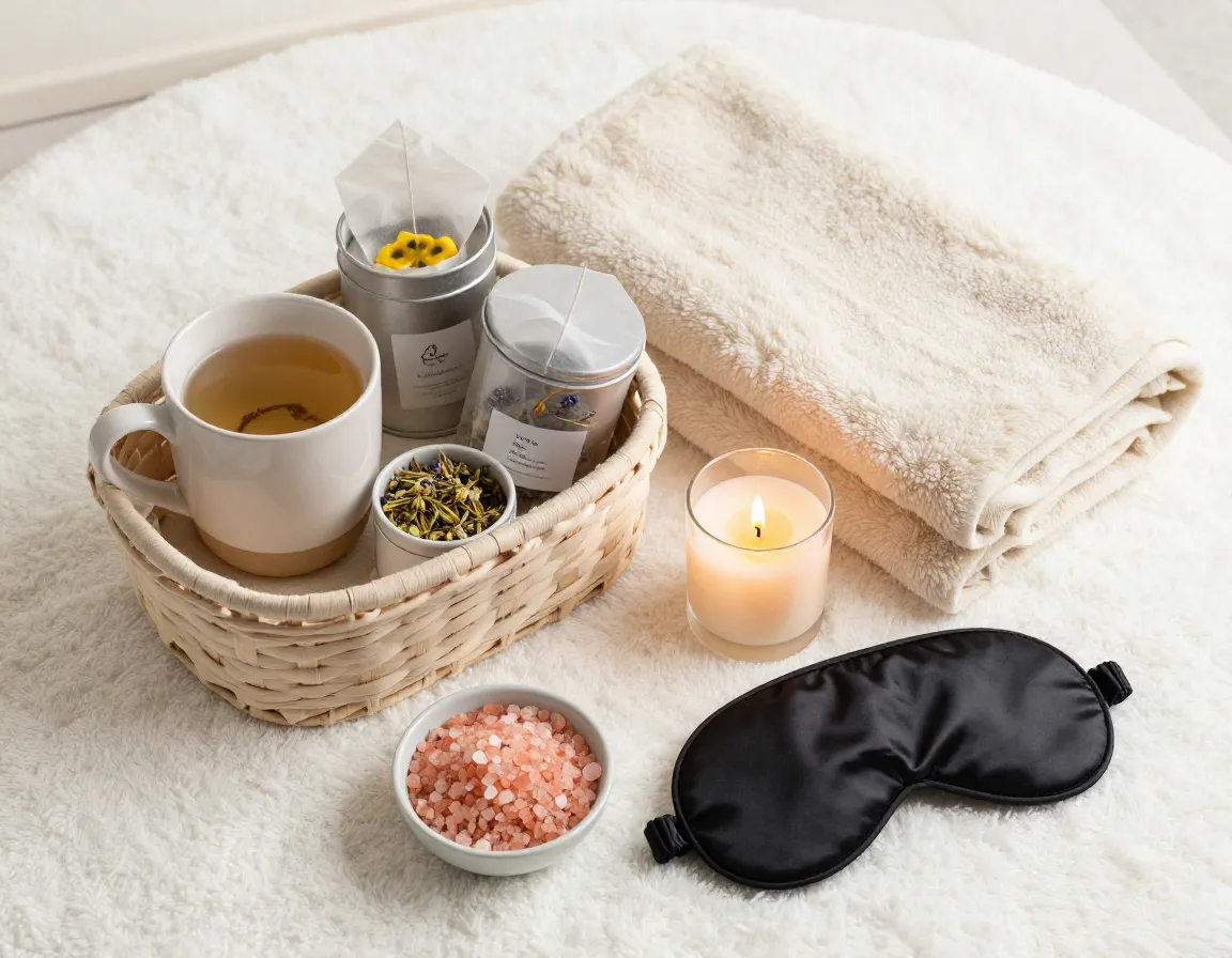 Spa day retreat basket with chamomile tea and himalayan salt soak