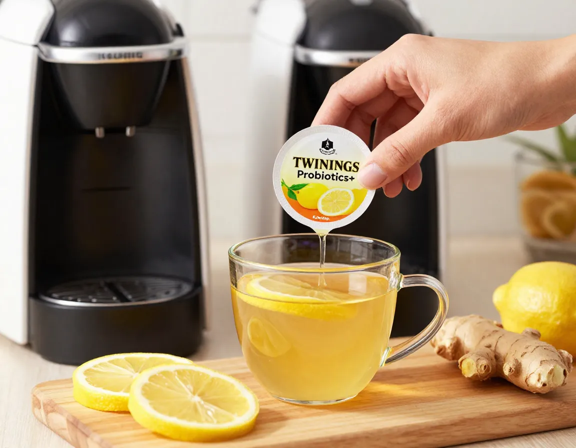 Bright zesty lemon ginger probiotic tea in keurig cup