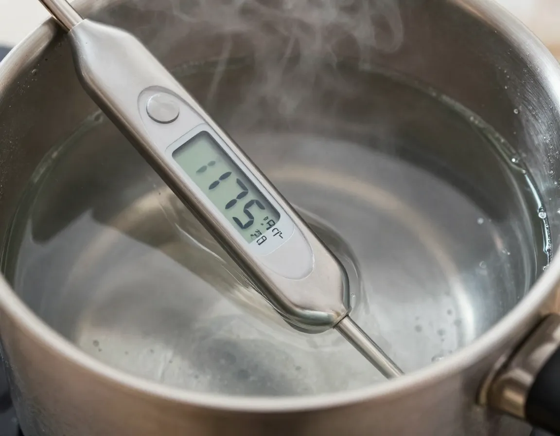 Digital thermometer showing water temperature at one seventy five degrees