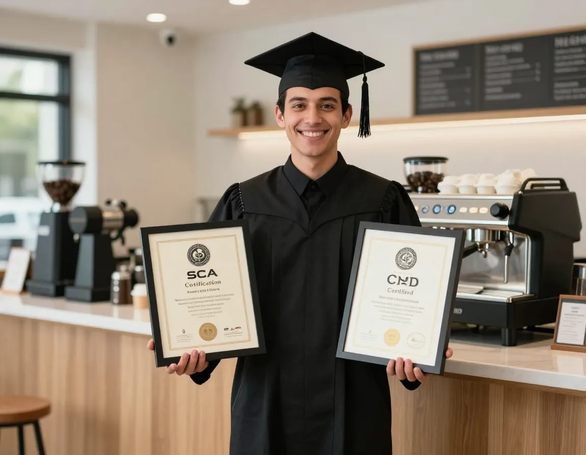 Graduate holding sca and cpd certification diplomas in front of coffee shop