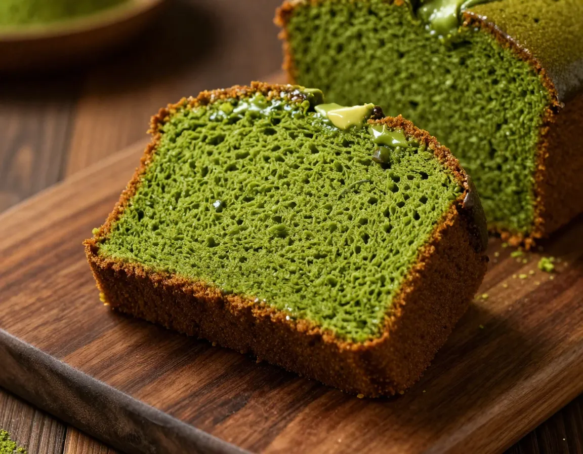 Moist matcha pound cake dense buttery slice on a wooden board
