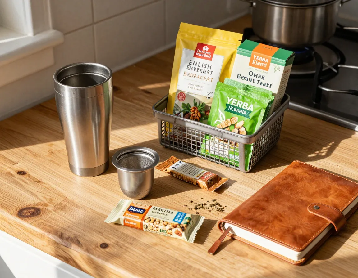 Morning kickstart energy basket with travel mug and tea infuser