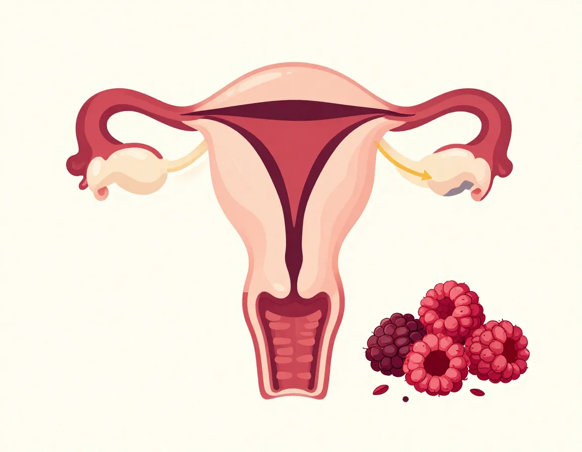 Anatomical illustration of a uterus with herbal tea leaves nearby