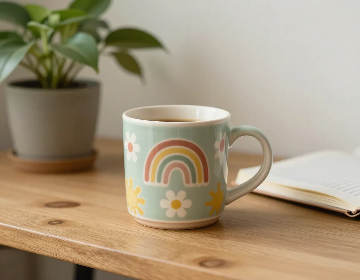 Good vibes aesthetic coffee cup with muted color palette