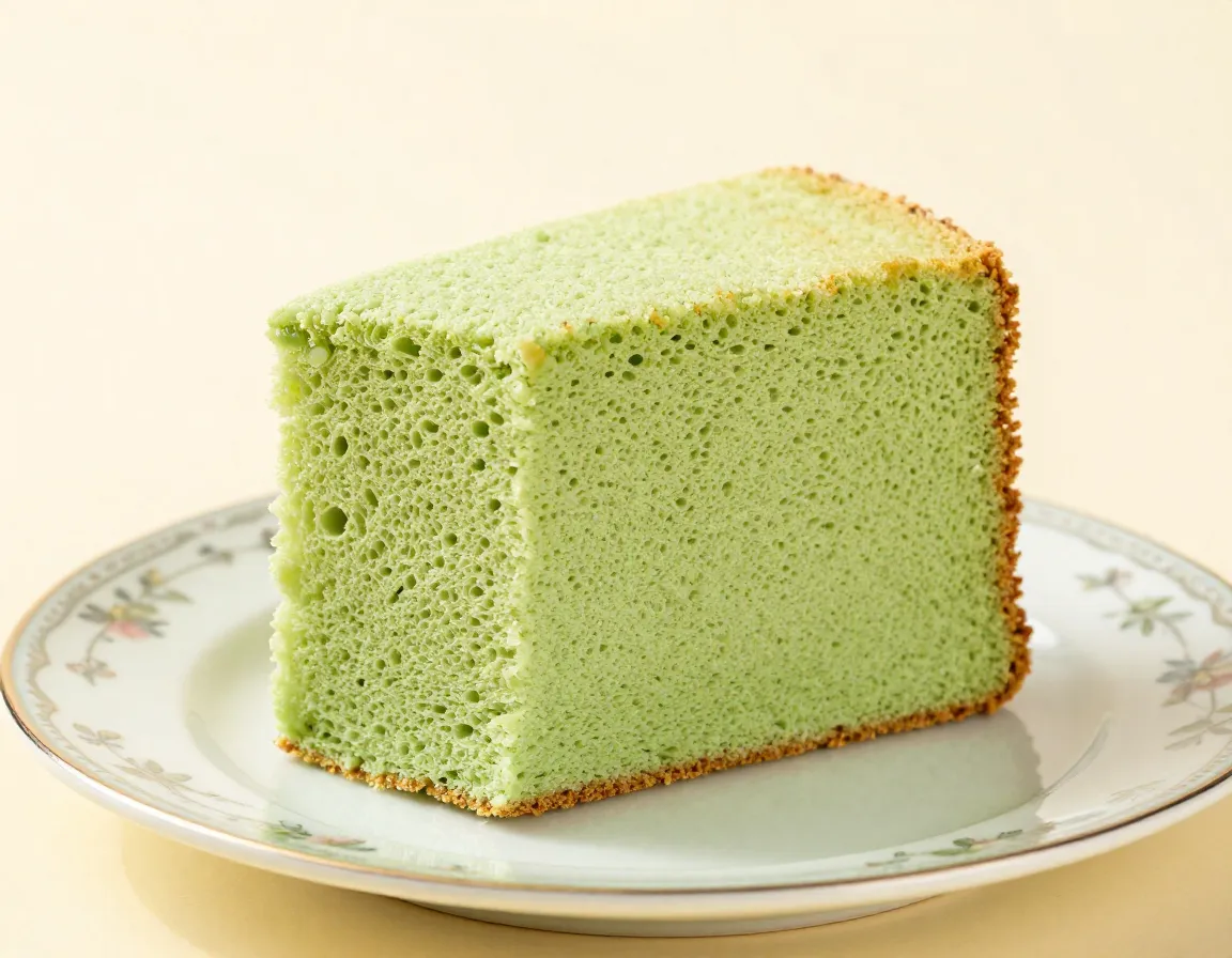 Green tea chiffon cake tall fluffy slice on a plate