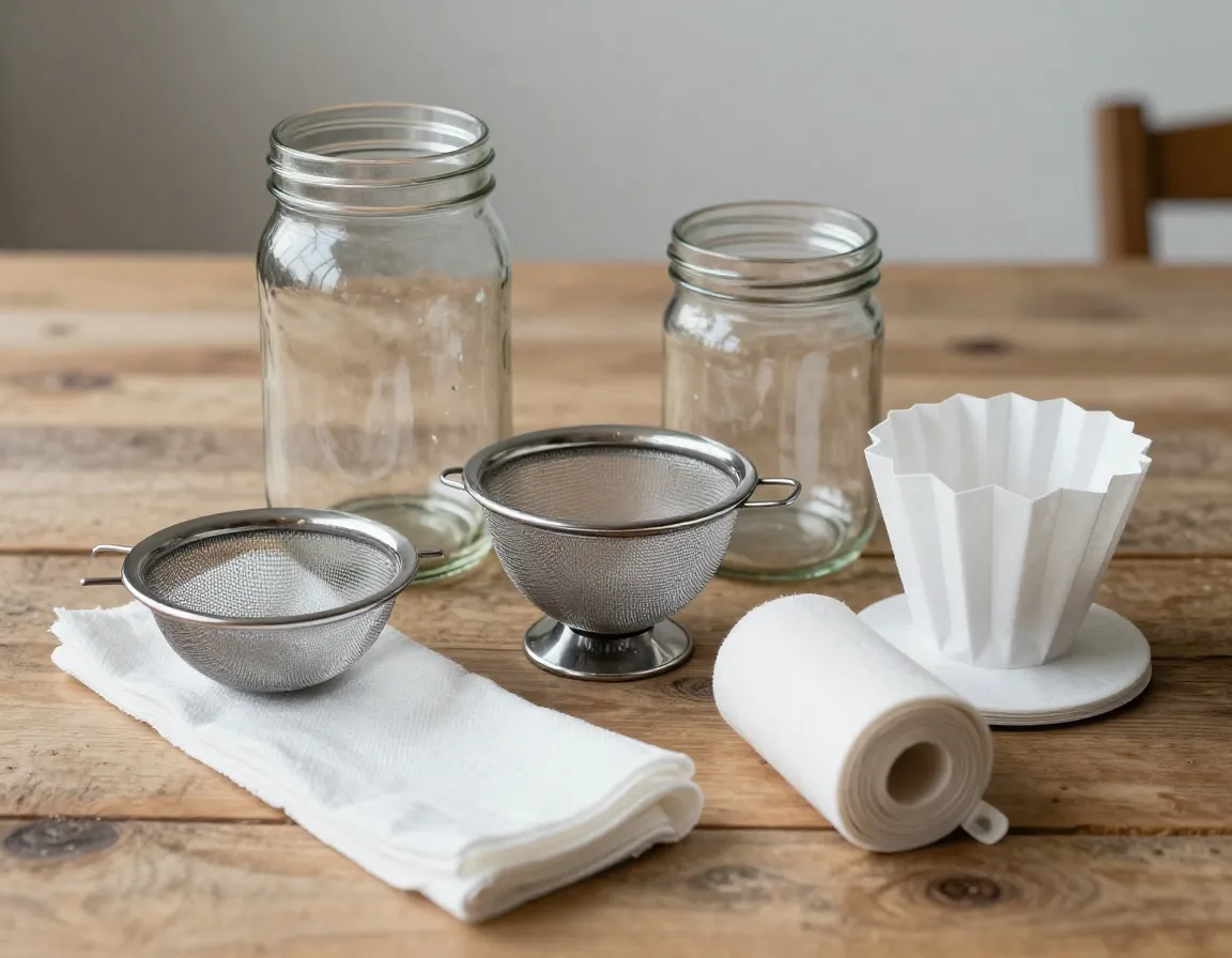 Large glass jar and fine mesh strainer setup for diy cold brew