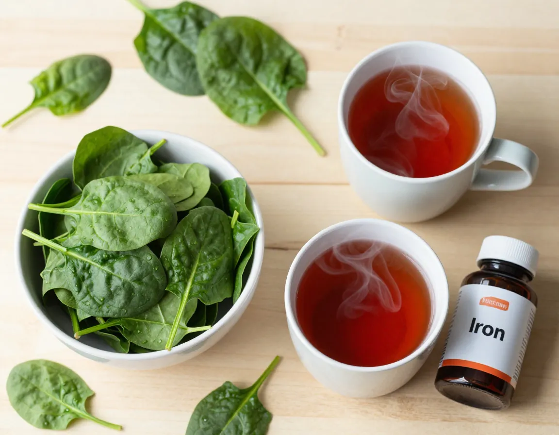 A bowl of iron rich spinach next to a cup of red raspberry leaf tea