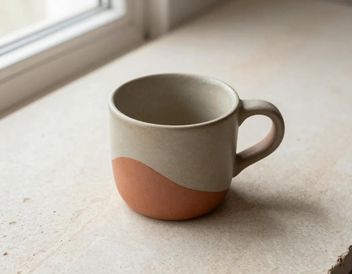 Organic shape coffee cup in earth tones on natural surface