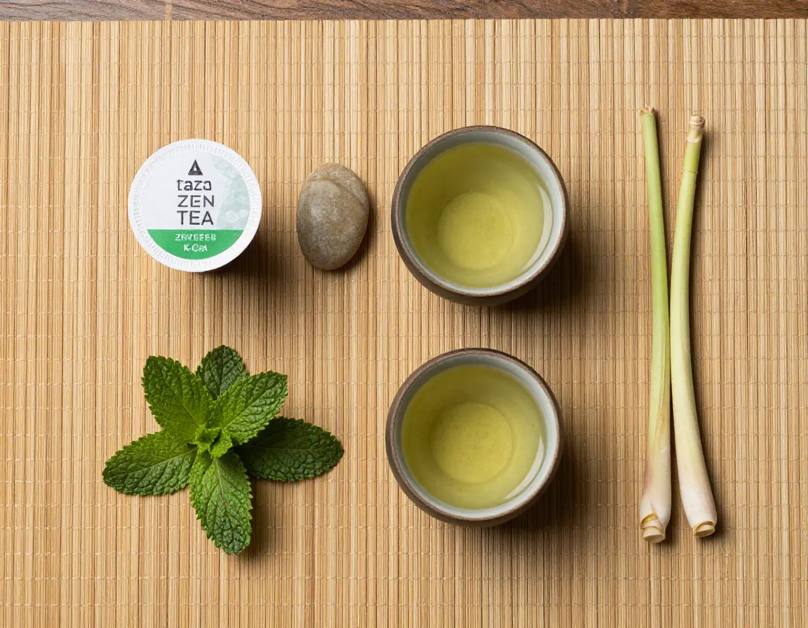 Zen green tea with spearmint lemongrass on meditation mat