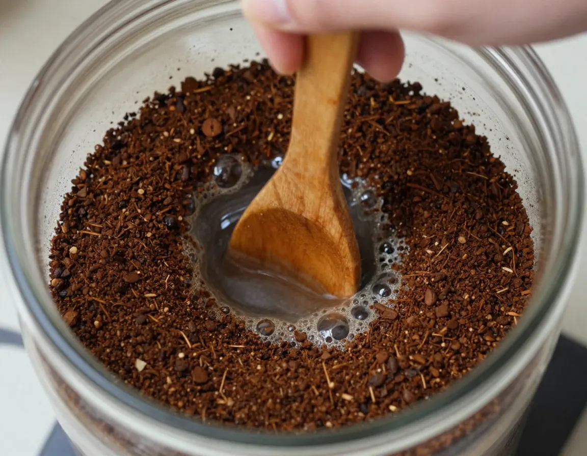 Hand stirring coarse coffee grounds with water in a large jar
